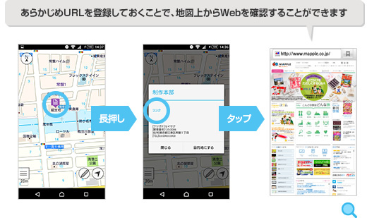 あらかじめURLを登録しておくことで、地図上からWebを確認することができます。