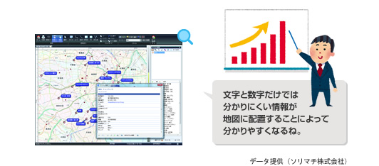 文字と数字だけでは分かりにくい情報が地図に配置することによって分かりやすくなるね。